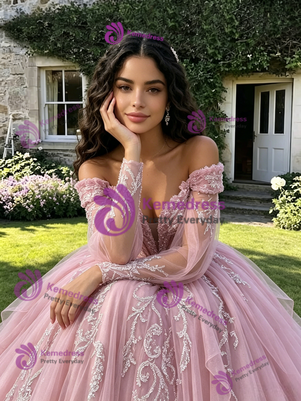 Pink Off The Shoulder Appliques Quinceanera Dress
