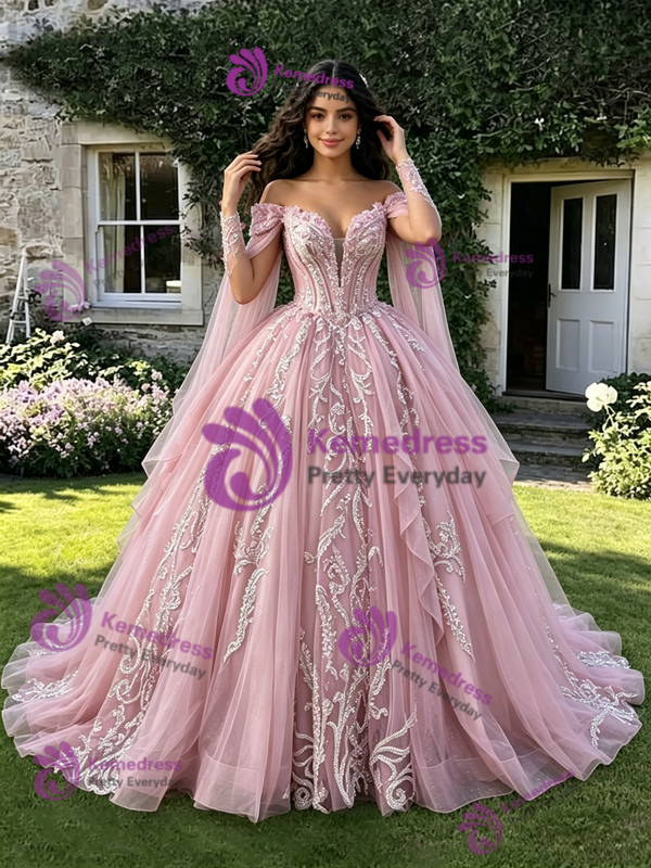 Pink Off The Shoulder Appliques Quinceanera Dress