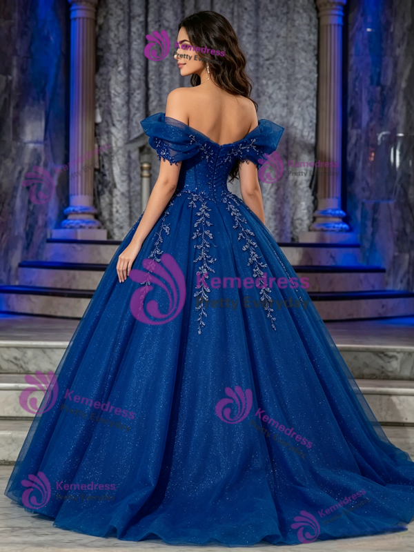 Blue Tulle Off The Shoulder Appliques Quinceanera Dress