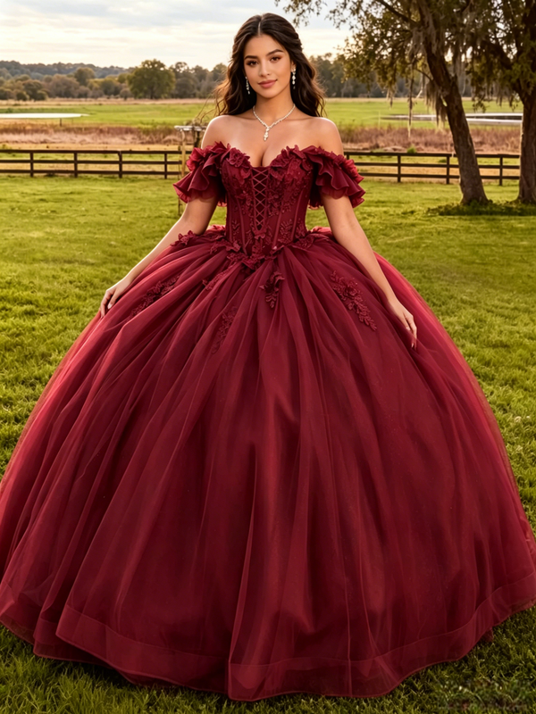 Burgundy Tulle Appliques Quinceanera Dress