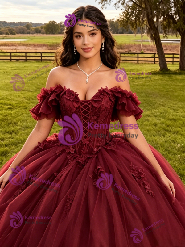 Burgundy Tulle Appliques Quinceanera Dress