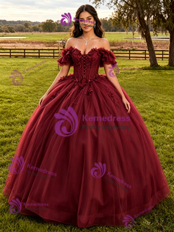 Burgundy Tulle Appliques Quinceanera Dress