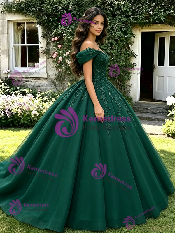 Green Off The Shoulder Appliques Quinceanera Dress