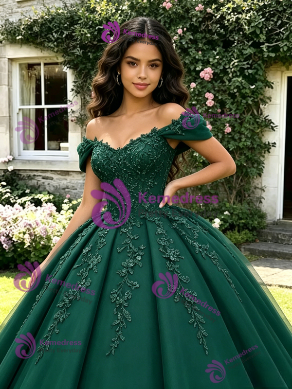 Green Off The Shoulder Appliques Quinceanera Dress