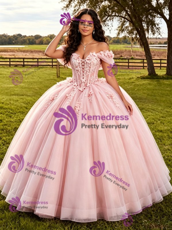 Pink Off The Shoulder Appliques Quinceanera Dress