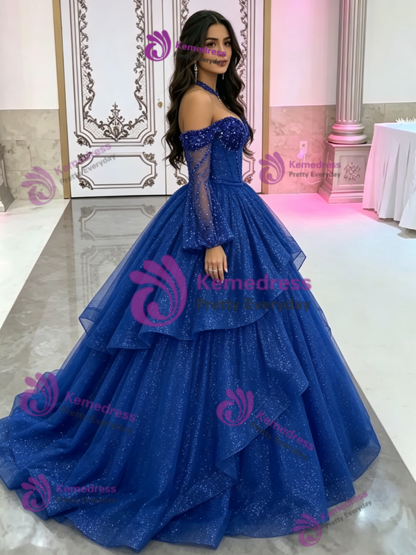 Blue Tulle Long Sleeve Beading Quinceanera Dress
