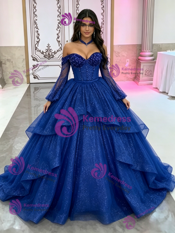 Blue Tulle Long Sleeve Beading Quinceanera Dress