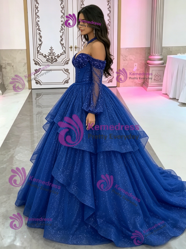 Blue Tulle Long Sleeve Beading Quinceanera Dress