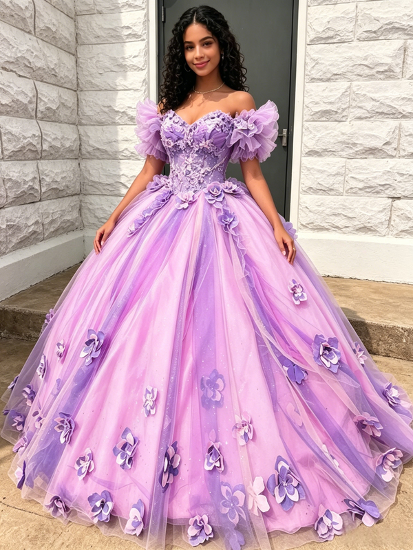 Purple Tulle Off The Shoulde 3D Flower Quinceanera Dress