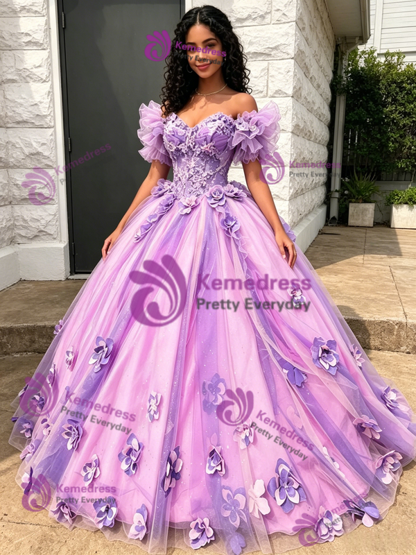 Purple Tulle Off The Shoulde 3D Flower Quinceanera Dress