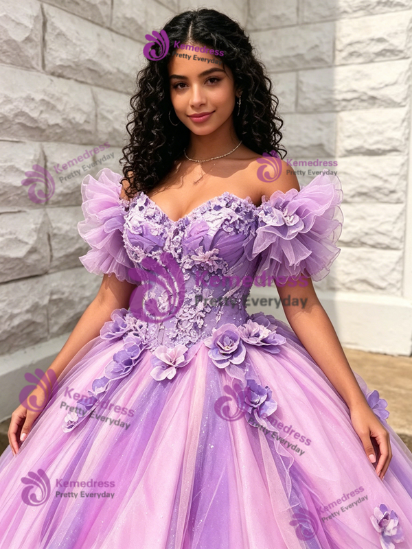 Purple Tulle Off The Shoulde 3D Flower Quinceanera Dress