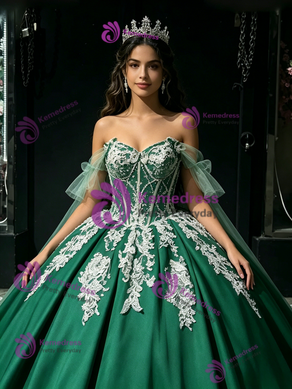 Green Satin Off The Shoulder Appliques Quinceanera Dress