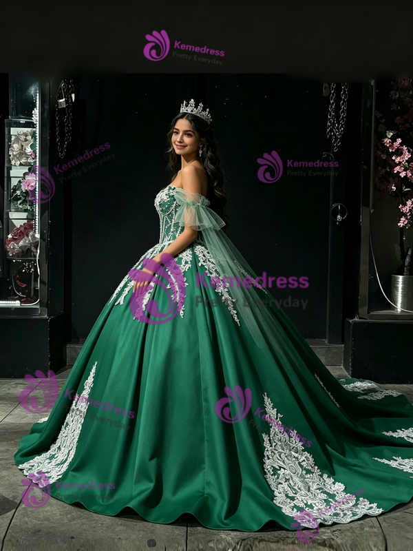 Green Satin Off The Shoulder Appliques Quinceanera Dress