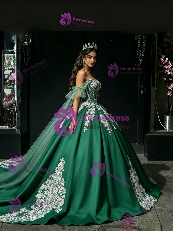 Green Satin Off The Shoulder Appliques Quinceanera Dress