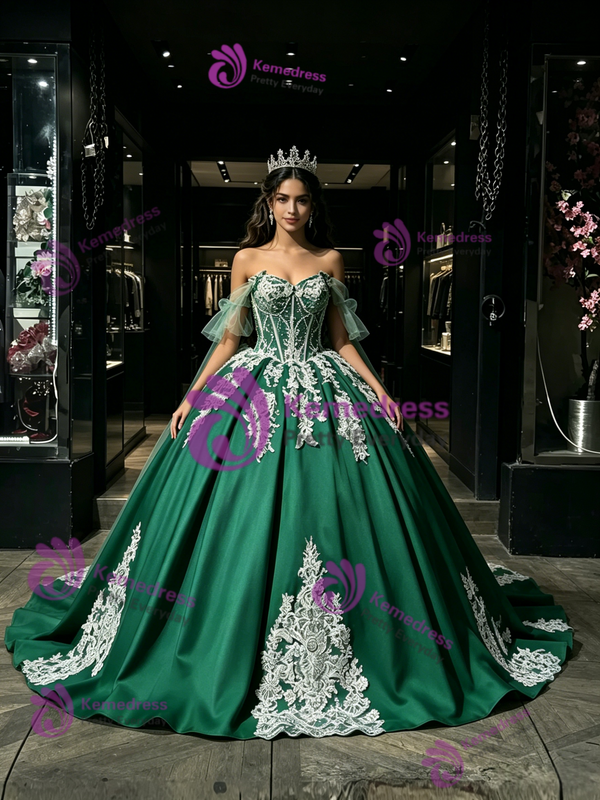 Green Satin Off The Shoulder Appliques Quinceanera Dress