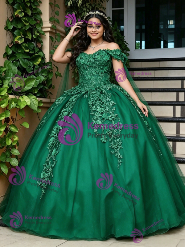 Green Tulle Off The Shoulder Appliques Quinceanera Dress