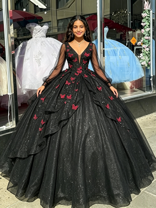 Black Sequins Long Sleeve V-Neck Appliques Quinceanera Dress