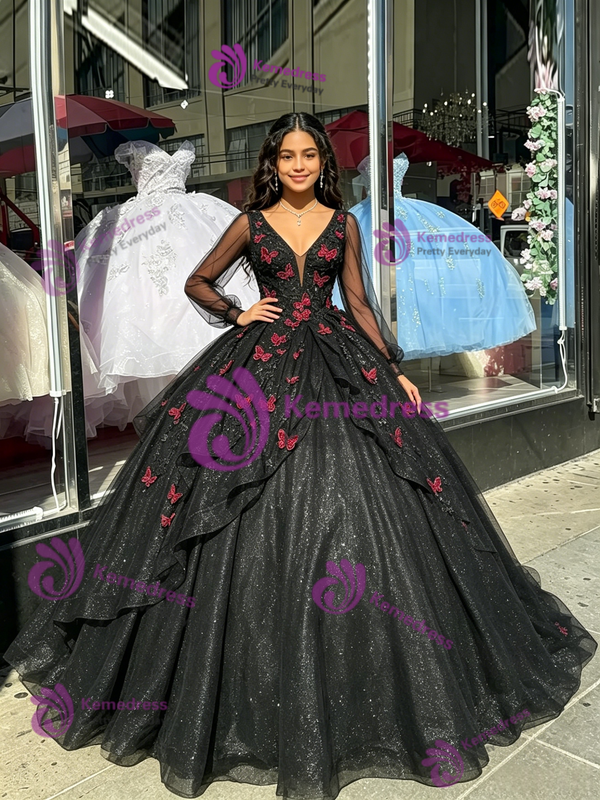 Black Sequins Long Sleeve V-Neck Appliques Quinceanera Dress