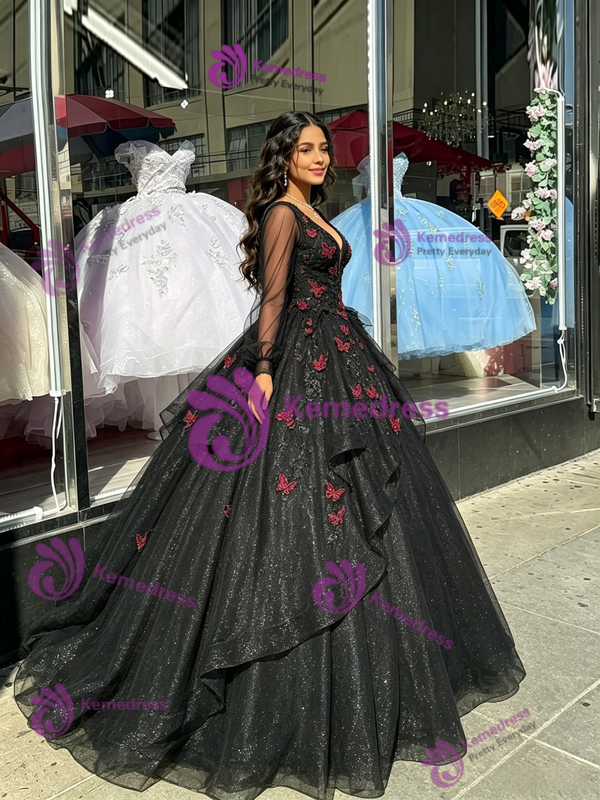 Black Sequins Long Sleeve V-Neck Appliques Quinceanera Dress