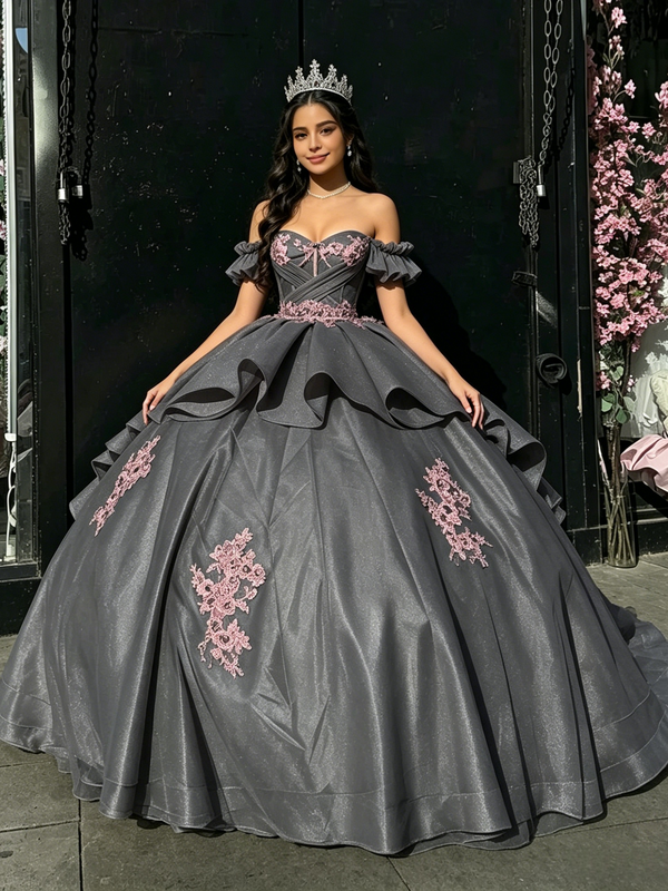 Gray Tulle Off The Shoulder Appliques Quinceanera Dress