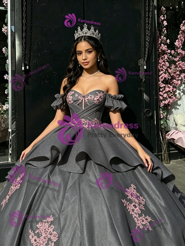 Gray Tulle Off The Shoulder Appliques Quinceanera Dress