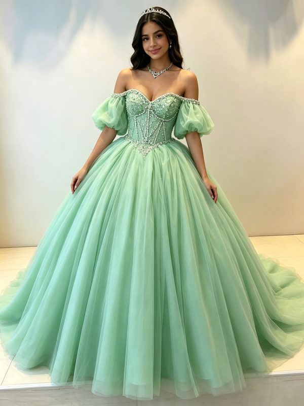 Green Tulle Off the Shoulder Puff Sleeve Beading Quinceanera Dress