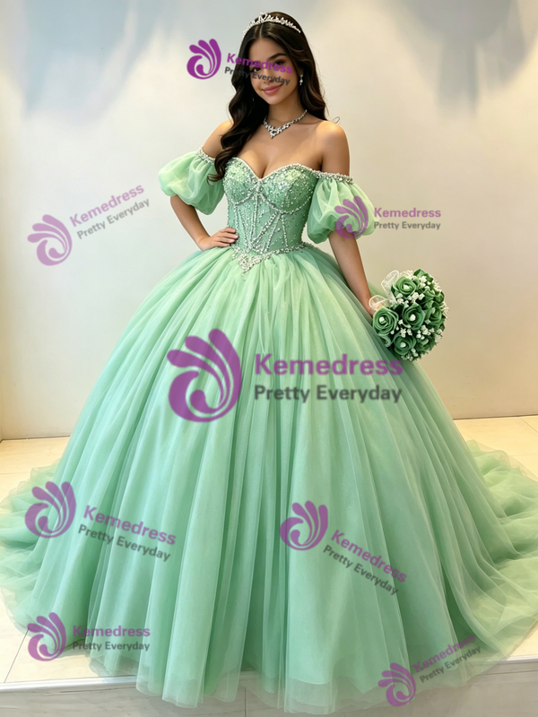 Green Tulle Off the Shoulder Puff Sleeve Beading Quinceanera Dress