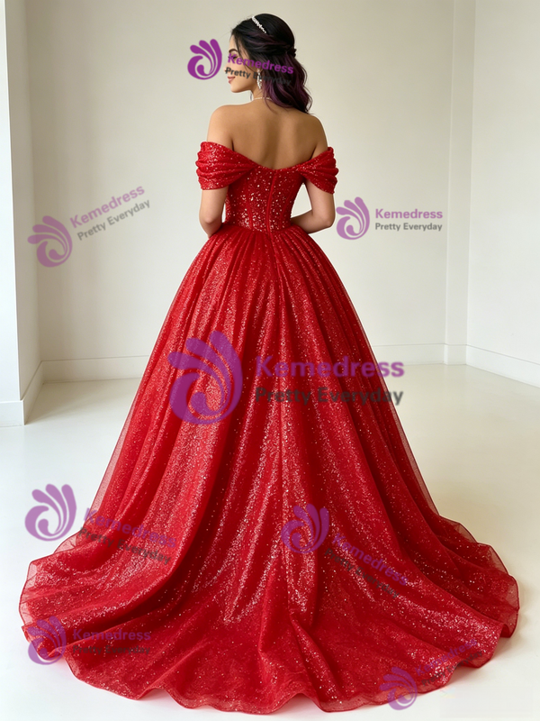 Red Sequins Off The Shoulder Quinceanera Dress