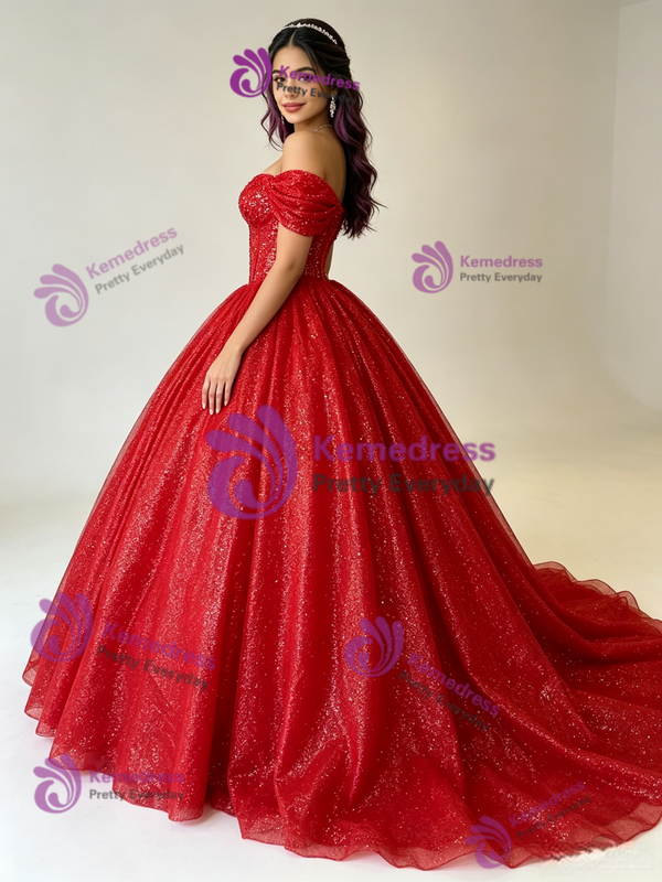 Red Sequins Off The Shoulder Quinceanera Dress