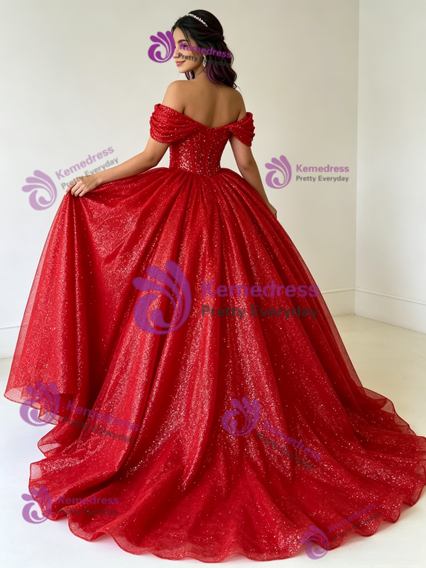 Red Sequins Off The Shoulder Quinceanera Dress