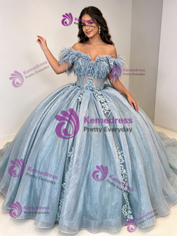 Blue Tulle Off The Shoulder Appliques Quinceanera Dress