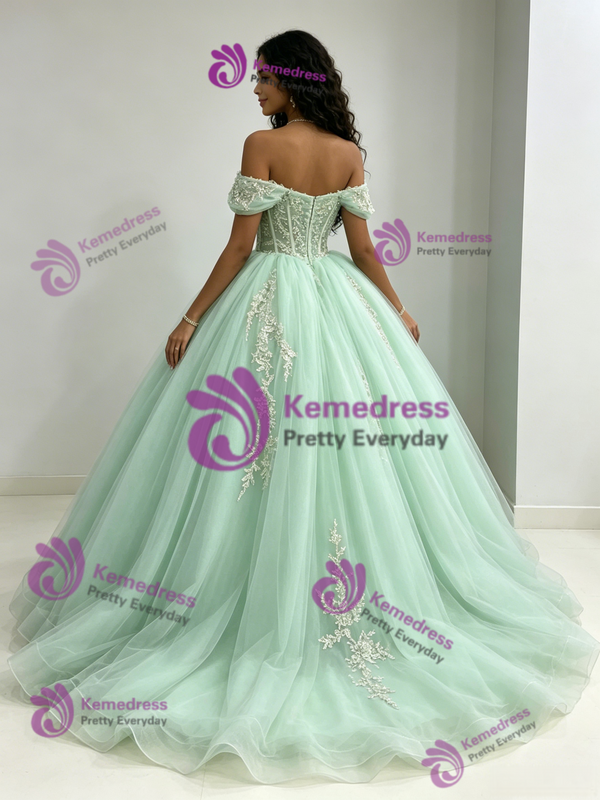 Green Tulle Off the Shoulder Appliques Quinceanera Dress