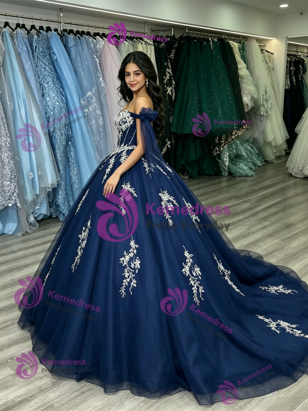 Navy Blue Tulle Appliques Quinceanera Dress