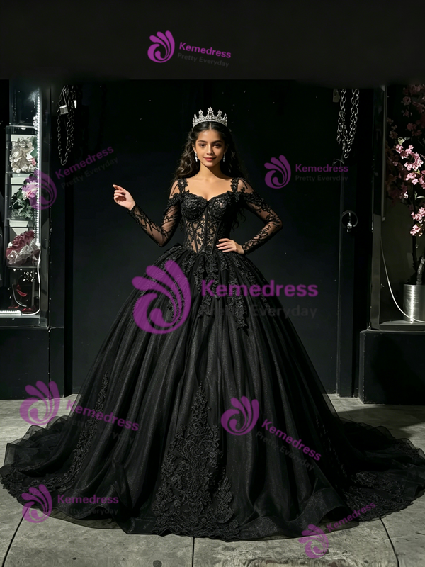 Black Tulle Lace Long Sleeve Quinceanera Dress