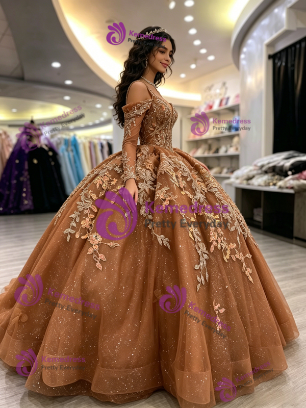 Brown Tulle Long Sleeve Straps Appliques Quinceanera Dress