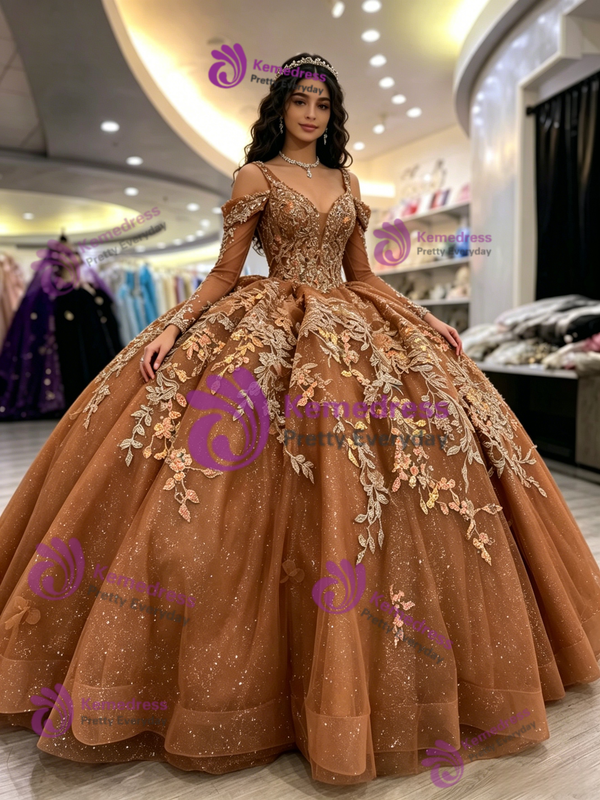 Brown Tulle Long Sleeve Straps Appliques Quinceanera Dress