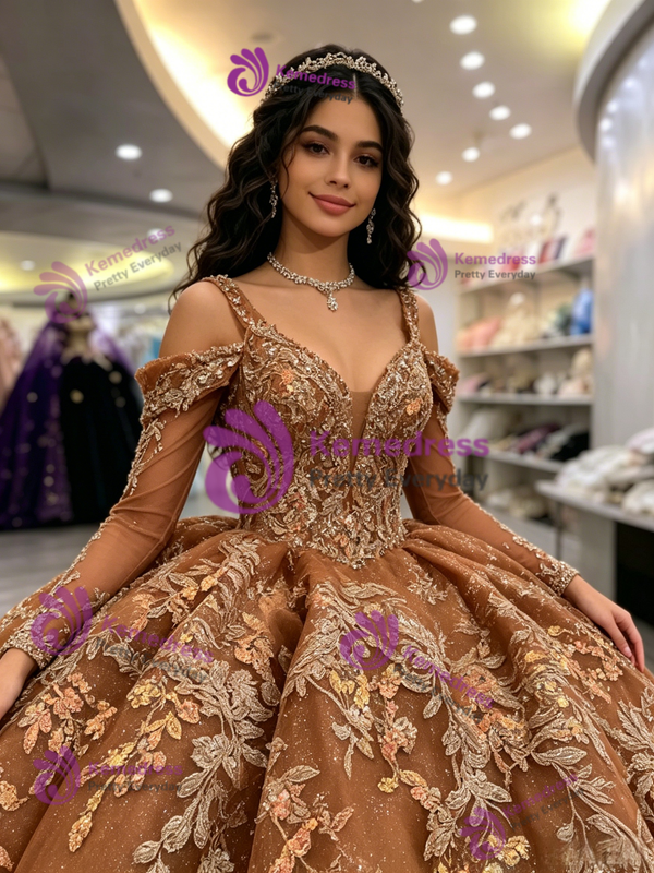 Brown Tulle Long Sleeve Straps Appliques Quinceanera Dress