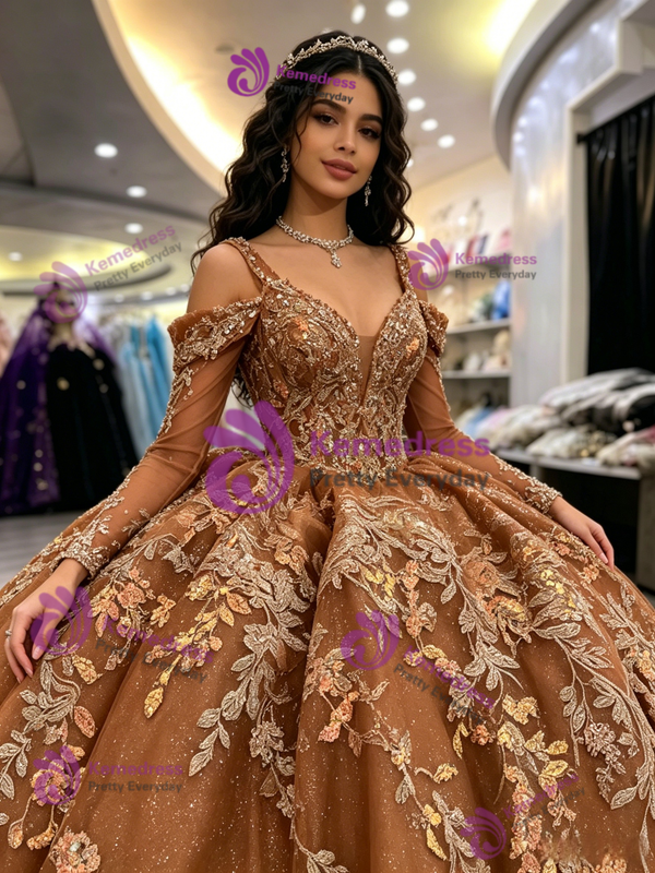 Brown Tulle Long Sleeve Straps Appliques Quinceanera Dress