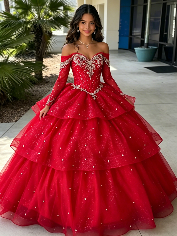 Red Tulle Long Sleeve Tiers Beading Quinceanera Dress