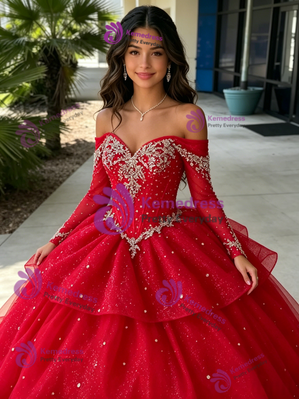 Red Tulle Long Sleeve Tiers Beading Quinceanera Dress