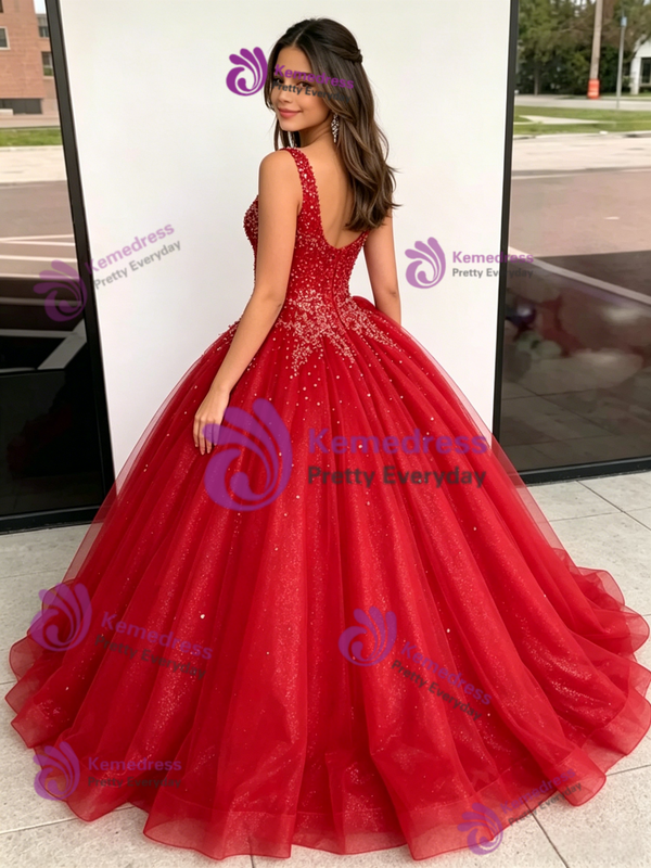 Red Tulle V-neck Beading Quinceanera Dress