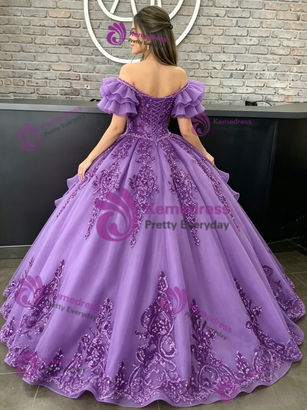 Purple Tulle Off The Shoulder Appliques Quinceanera Dress