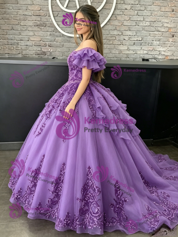 Purple Tulle Off The Shoulder Appliques Quinceanera Dress