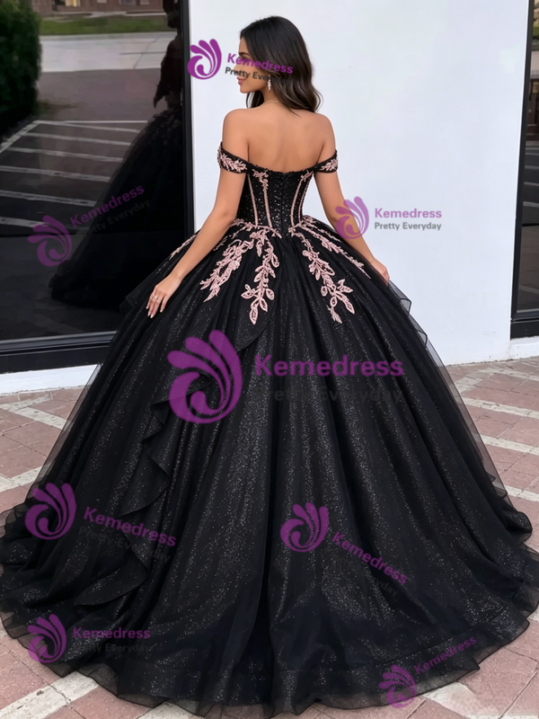 Black Tulle Sequins Appliques Quinceanera Dress