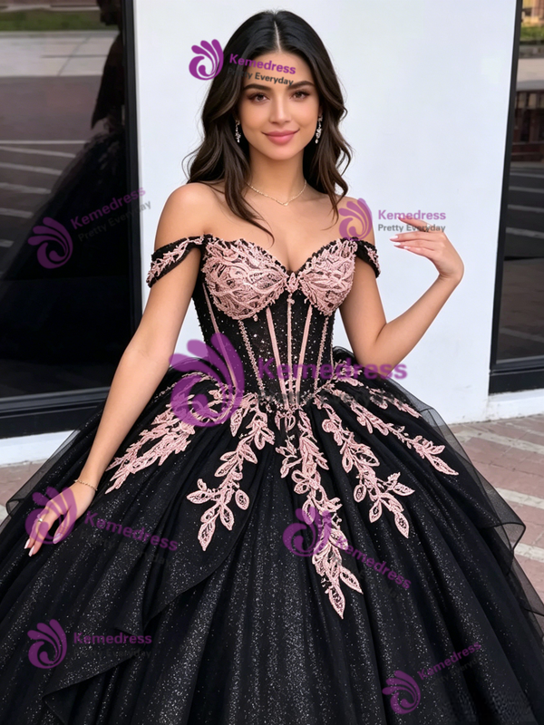 Black Tulle Sequins Appliques Quinceanera Dress
