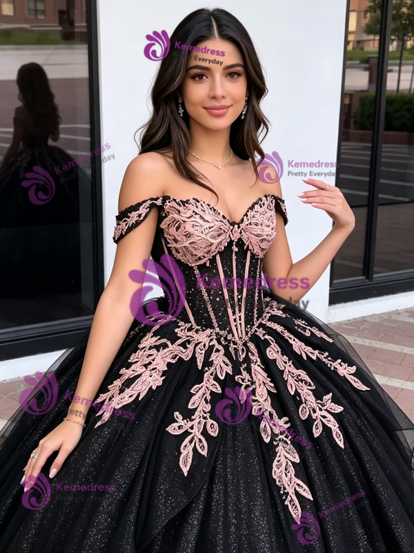 Black Tulle Sequins Appliques Quinceanera Dress