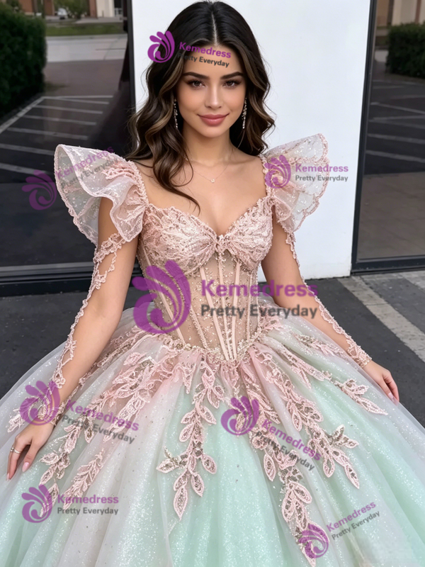 Green Tulle Long Sleeve Appliques Quinceanera Dress