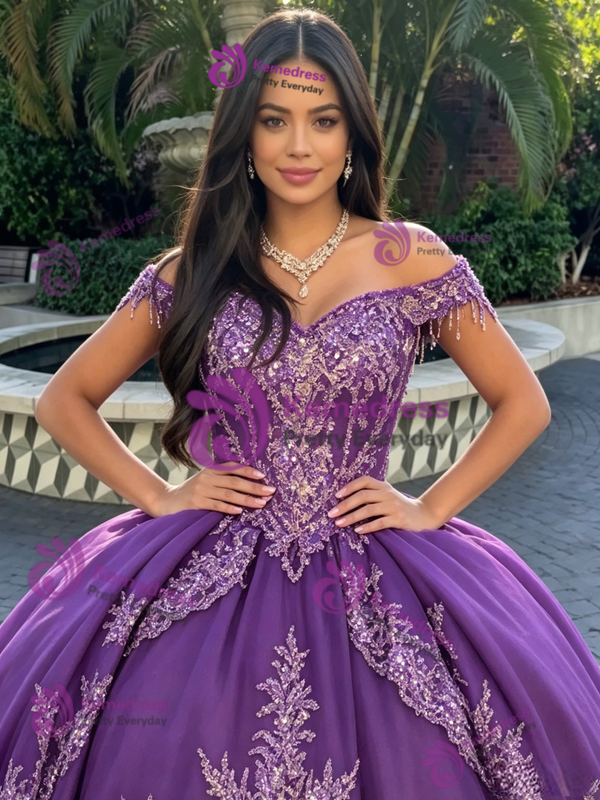 Purple Tulle Appliques Beading Quinceanera Dress