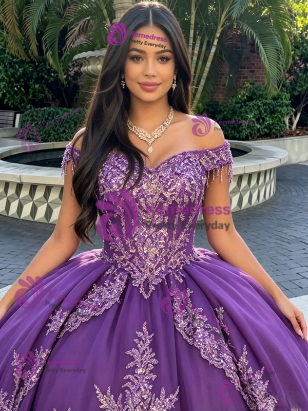 Purple Tulle Appliques Beading Quinceanera Dress