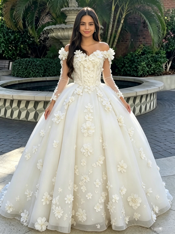 Beige White Tulle 3D Flower Quinceanera Dress